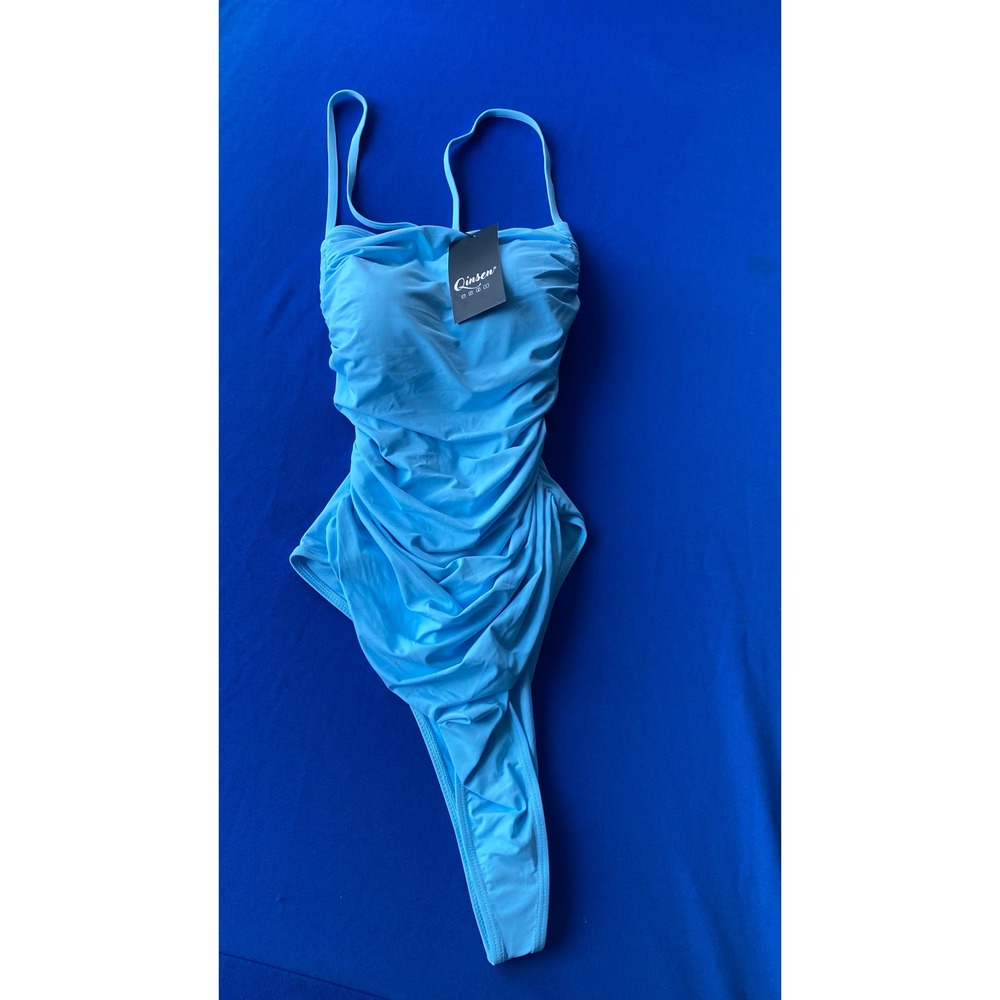 Qinsen Blue Ruched One Piece Swimsuit Size XL New With Tags High Cut XL